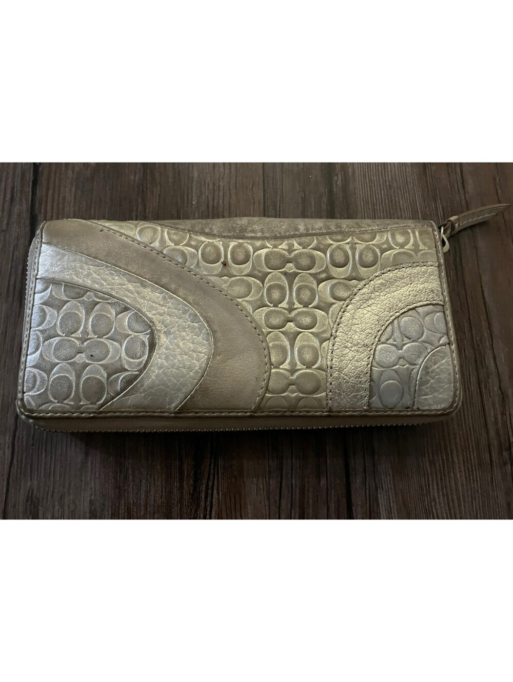 Coach Peyton Metallic Gold Leather Suede Zip Around Wallet